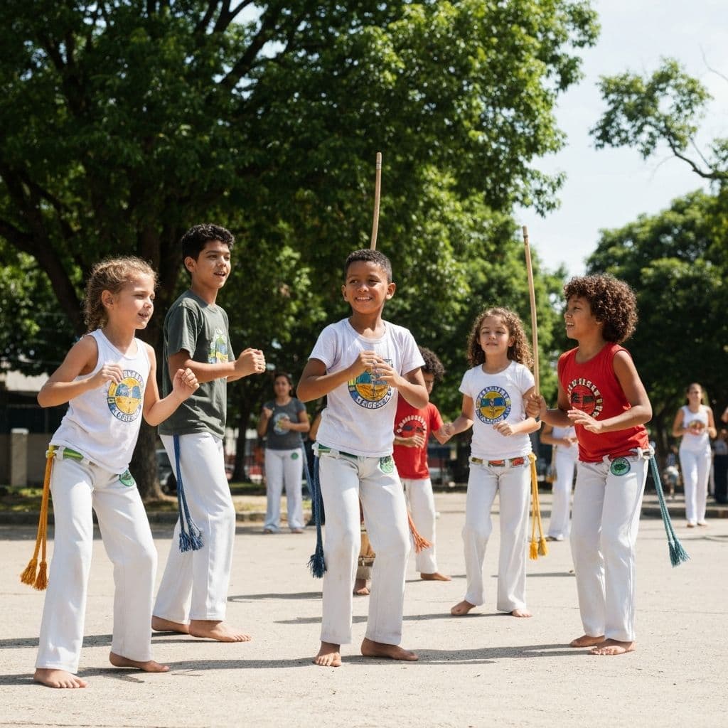 Criancas treinando capoeira com acompanhamento pedagogico