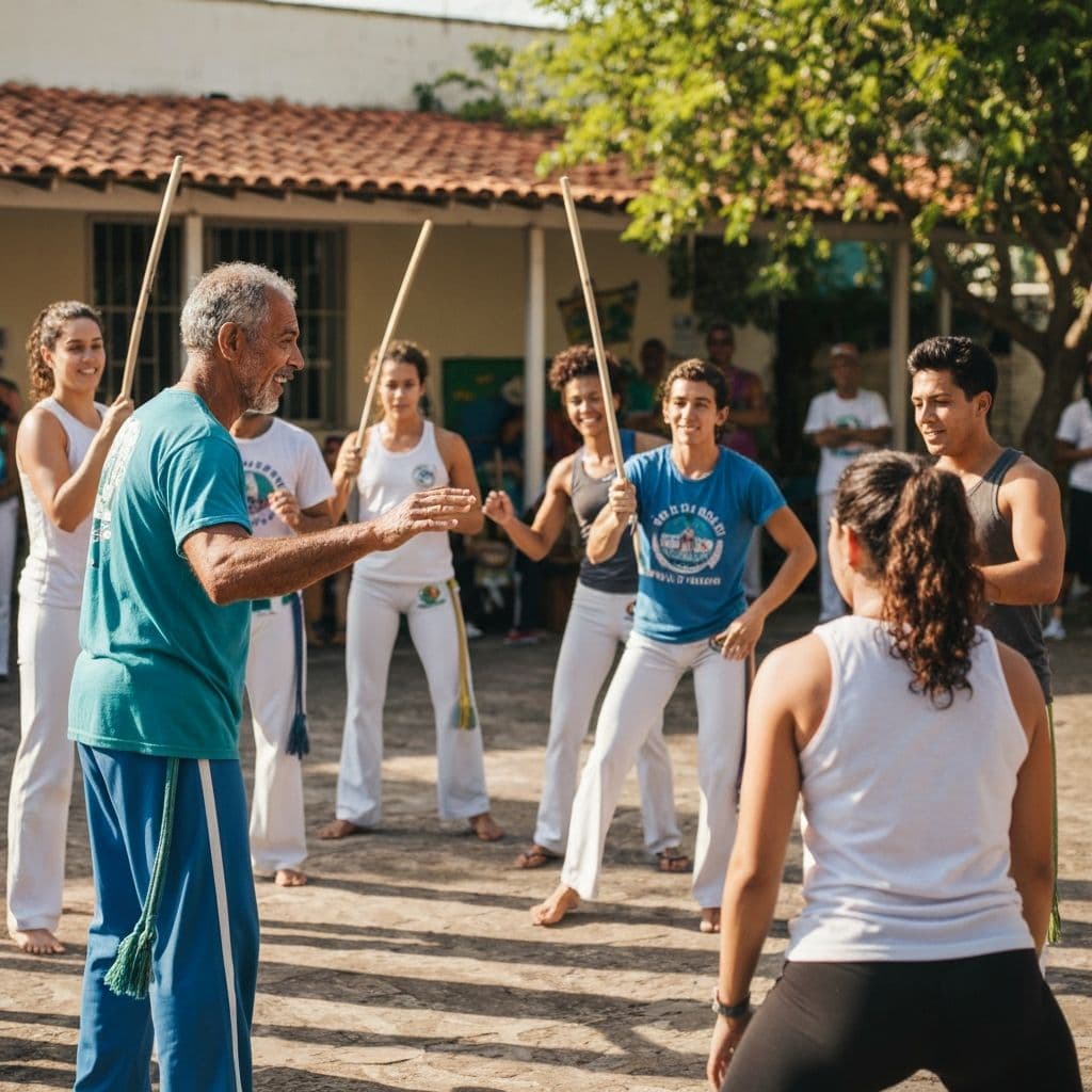 Professor orientando alunos em uma aula de capoeira