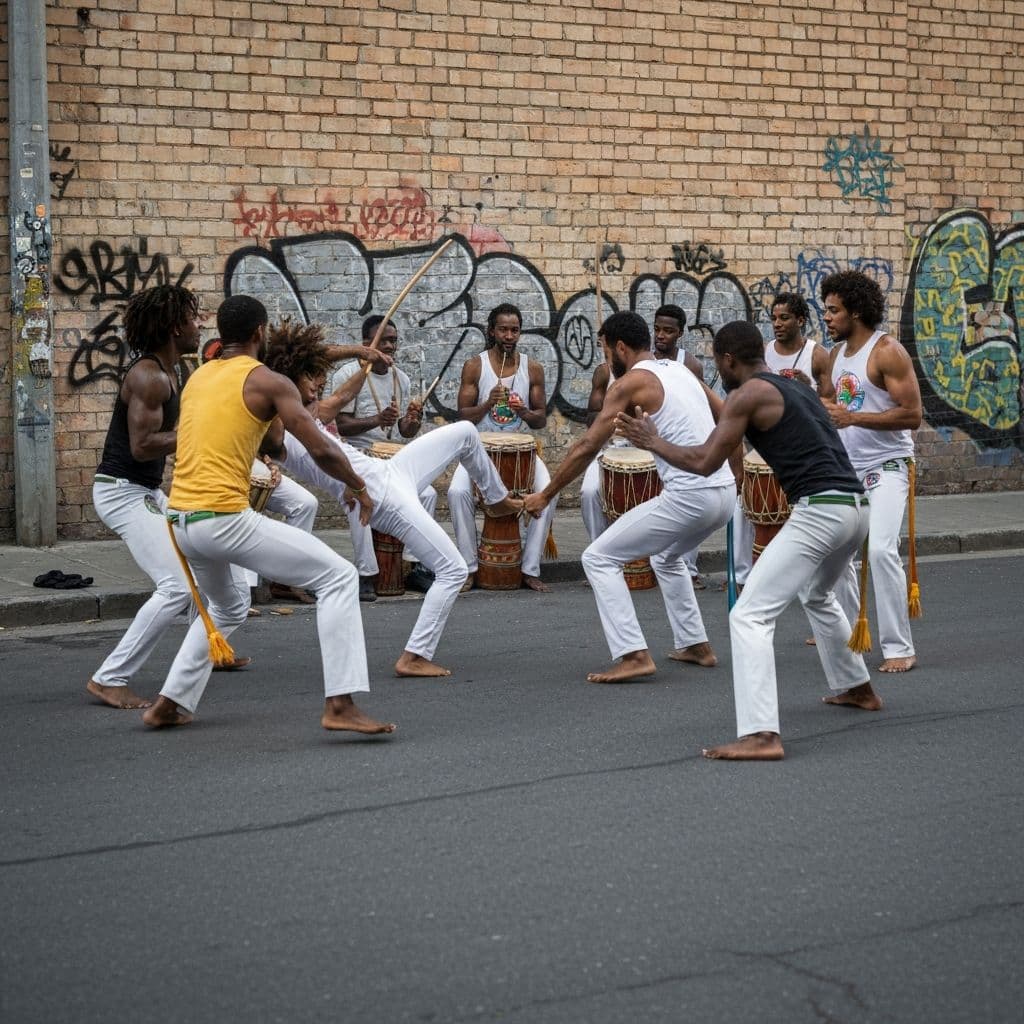 Roda de capoeira com alunos jogando e cantando